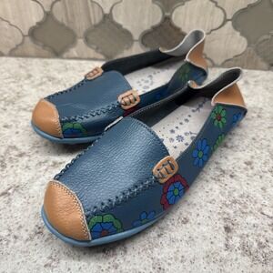 Moccasins Blue Flower Leather Remote Control Tread-Pattern HANDMADE Size 8.5